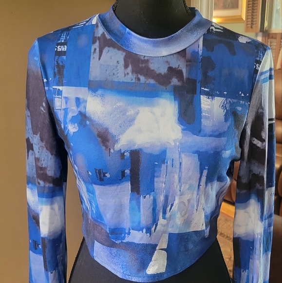 SHEIN Blue Abstract Design Long Sleeve Crop Top,Size Small - Picture 3 of 6